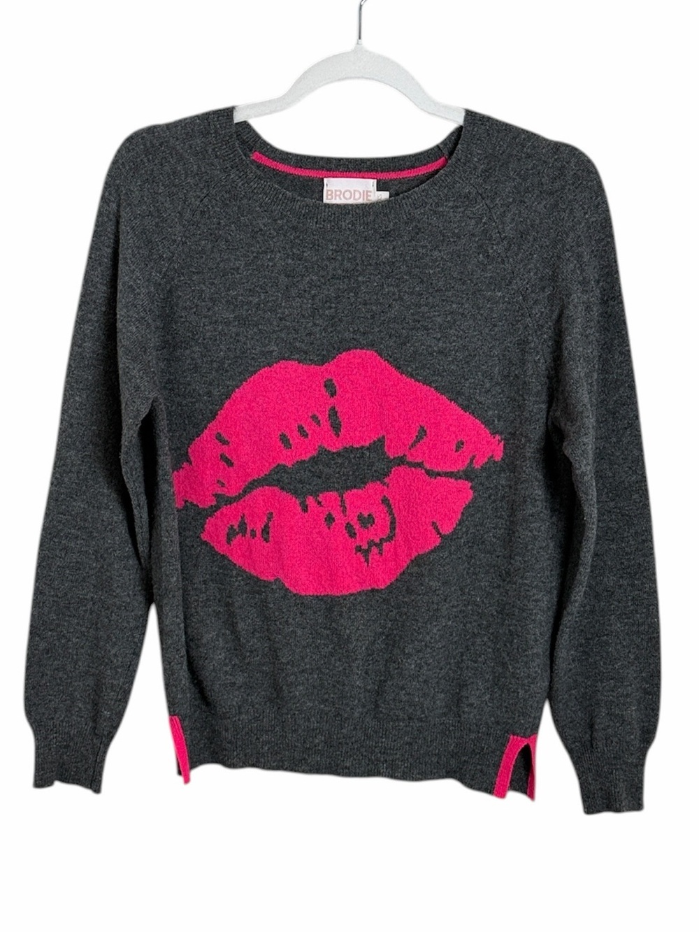 Brodie Cashmere Lips Sweater Gray and Hot Pink Size XS
